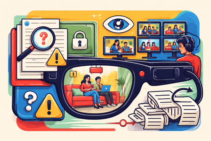 Flat illustration of smart glasses recording people in a living room while multiple screens review the footage, highlighting privacy and transparency risks.