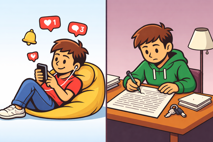 Cartoon illustration of a student scrolling on a phone beside the same student signing a tenancy agreement, highlighting how people accept terms and conditions without reading them