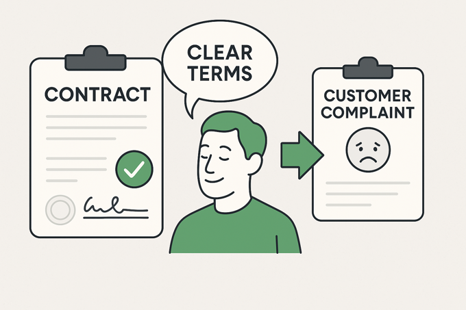 Illustration showing a clear contract with a checkmark leading to a satisfied customer, contrasted with a customer complaint form, symbolising how plain language prevents disputes.