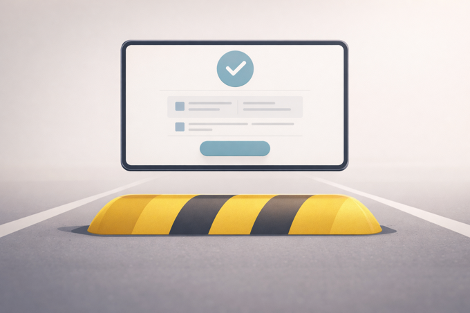 A modern illustration of a digital checkpoint hovering above a speed bump, representing positive friction in user journeys to encourage better decision making