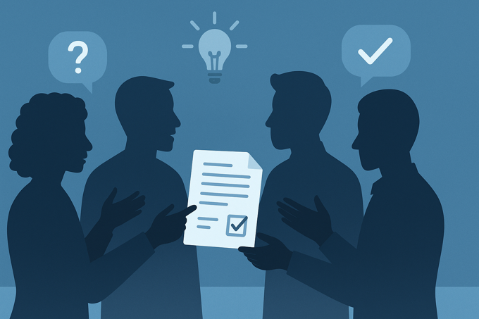 Illustration of four silhouetted figures discussing a document, with icons representing questions, ideas, and confirmation, symbolising clarity, consent, and reduced legal complaints.