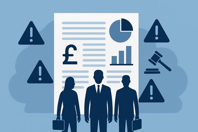 Illustration of three silhouetted professionals standing in front of a large document with financial symbols, charts, and warning signs, representing regulatory scrutiny over motor finance claims.