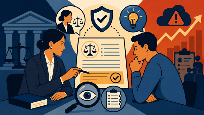 Illustration of a solicitor explaining a legal agreement to a client, showing clearer understanding, audit trails and rising regulatory pressure
