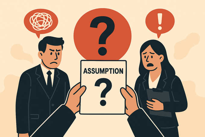 Illustration showing a lawyer and client facing uncertainty caused by an assumed understanding of a legal agreement
