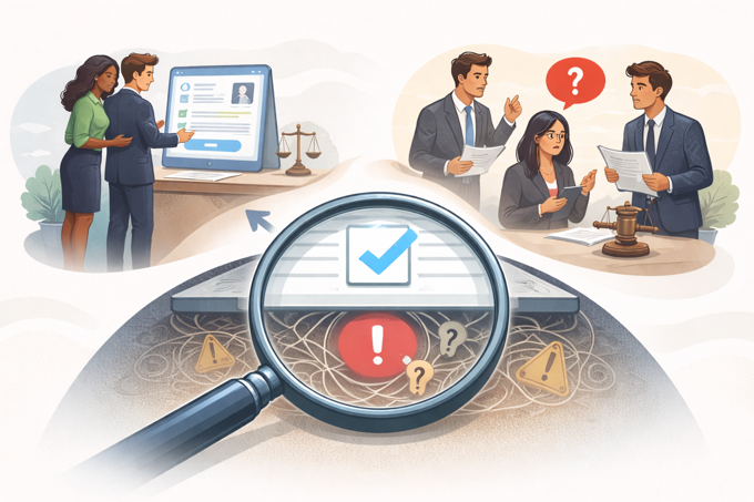Illustration showing a hidden risk beneath a completed onboarding agreement, where early misunderstandings lead to future disputes and complaints