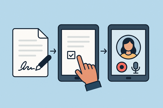 Illustration showing the evolution of agreements from handwritten signature on paper, to digital checkbox on a tablet, to voice and video consent on a mobile device.