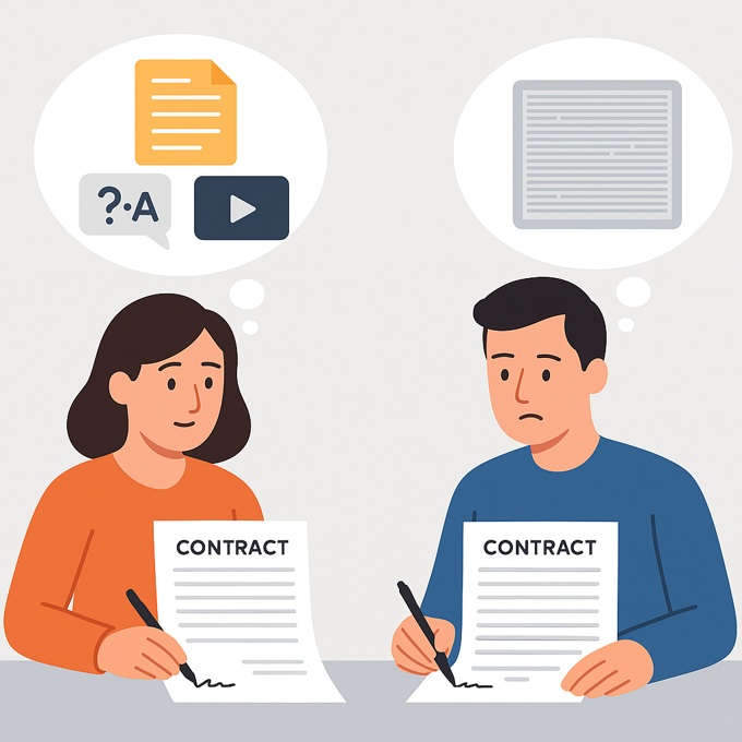 Illustration of two people signing contracts, one with helpful context like summaries, Q&A, and videos, the other with only dense fine print, showing how missing context leads to misunderstandings.