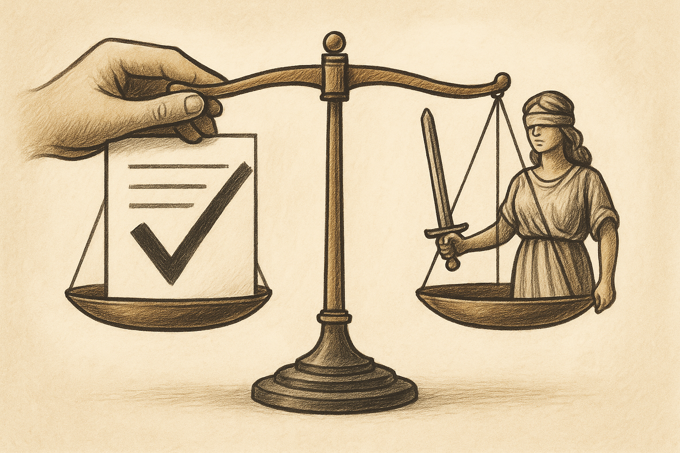An illustration of a balanced scale with a hand holding a self-checked document on one side and Lady Justice on the other, symbolising the difference between self-approval and impartial verification.