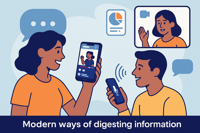 An illustration showing people using short videos, voice notes, and video calls to communicate, representing how we digest information in the modern world.