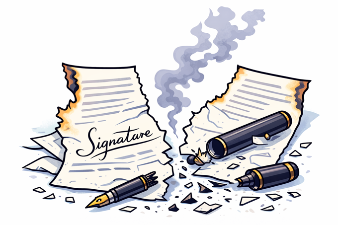 A cartoon-style illustration of a burnt and ripped contract split in two, with a broken fountain pen lying in the debris, representing the death of the traditional signature.