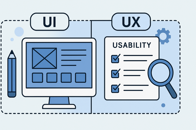 Wide digital illustration showing a split-screen concept of UI and UX design, featuring a wireframe interface and a usability checklist to highlight user-focused design principles