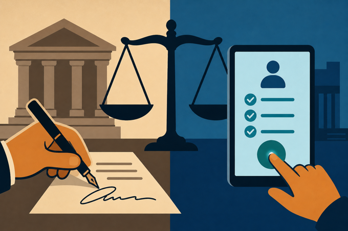 Illustration of a court, paper signature and digital consent screen showing the shift from signatures to informed consent.