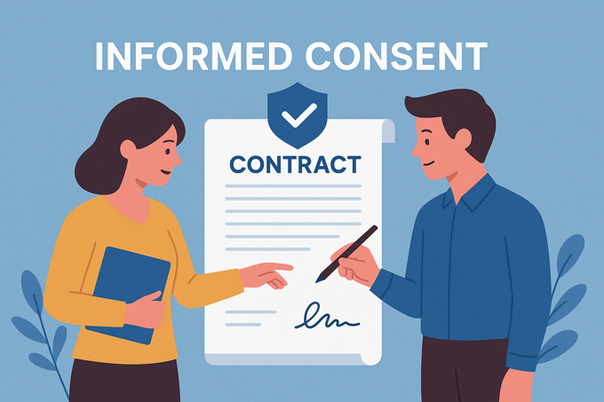 A flat-style digital illustration showing a person clearly understanding and confirming a decision, symbolising informed consent