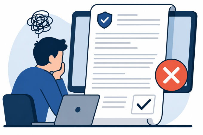 Illustration of a confused person facing a long digital terms and conditions document, showing how unread contracts can lead to poor understanding.